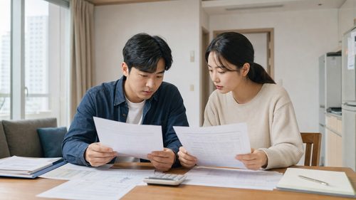 행복주택 소득 기준 초과 자료를 확인하는 부부