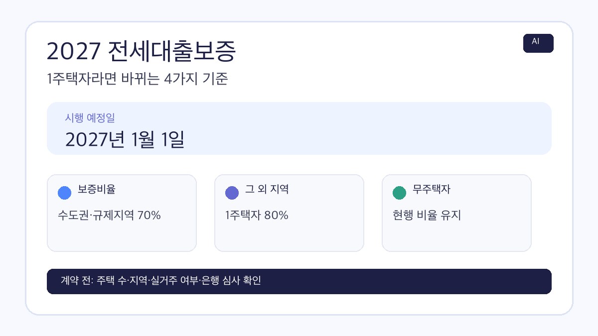 2027 전세대출보증 1주택자 보증비율과 시행일을 정리한 AI 제작 인포그래픽