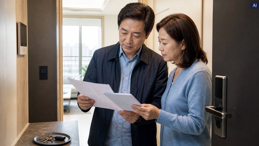 2027 전세대출보증 1주택자가 apartment building 현관에서 임대차 서류를 검토하는 AI 제작 이미지