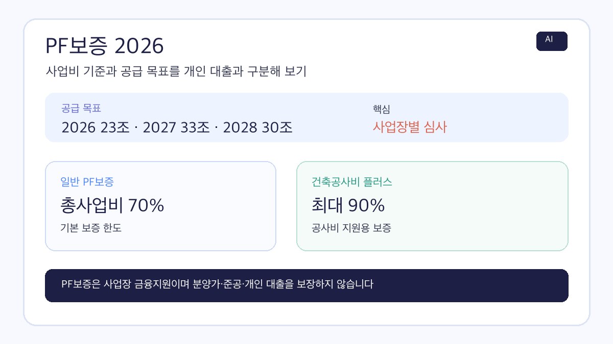 PF보증 2026의 일반 보증 70%와 건축공사비 플러스 PF보증 최대 90%를 비교한 AI 제작 인포그래픽