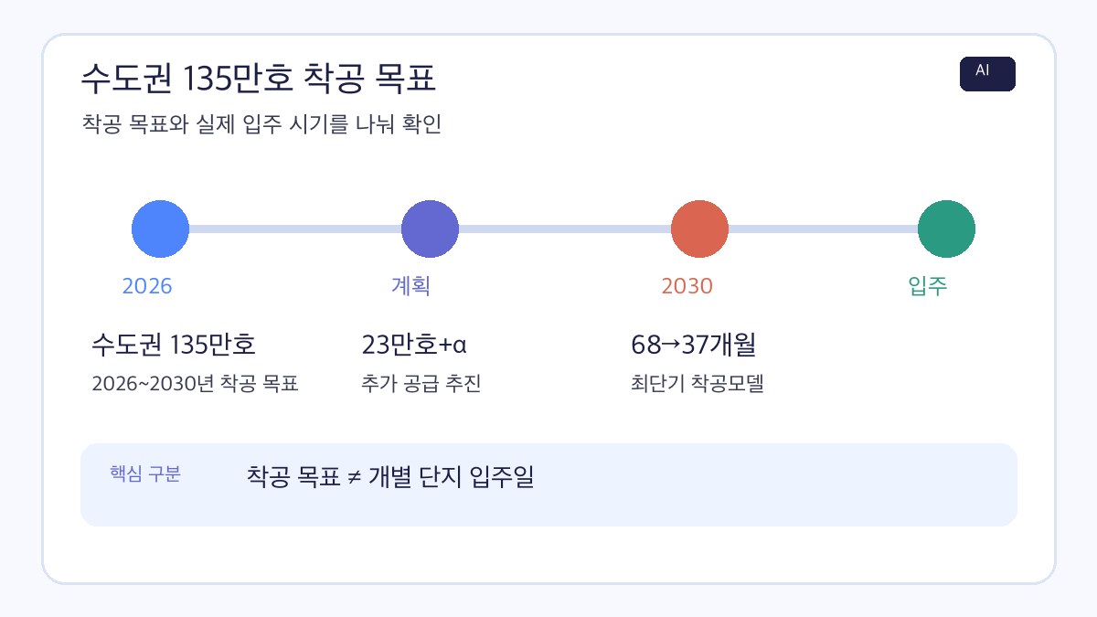 수도권 135만호 착공 목표와 23만호 추가 공급, 입주 시기 확인 포인트를 정리한 AI 제작 인포그래픽