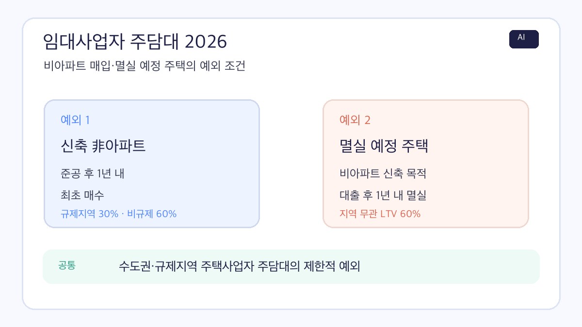 임대사업자 주담대 2026의 비아파트 매입 예외와 1년 요건, 지역별 LTV를 정리한 AI 제작 인포그래픽