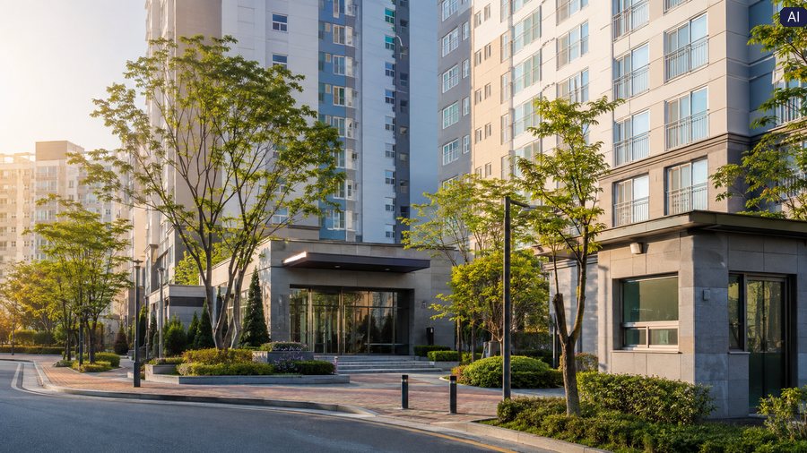 임대주택 운영자금 보증 2027을 확인하며 준공 후 아파트 단지와 관리시설을 살펴보는 임대주택 AI 제작 실사 사진