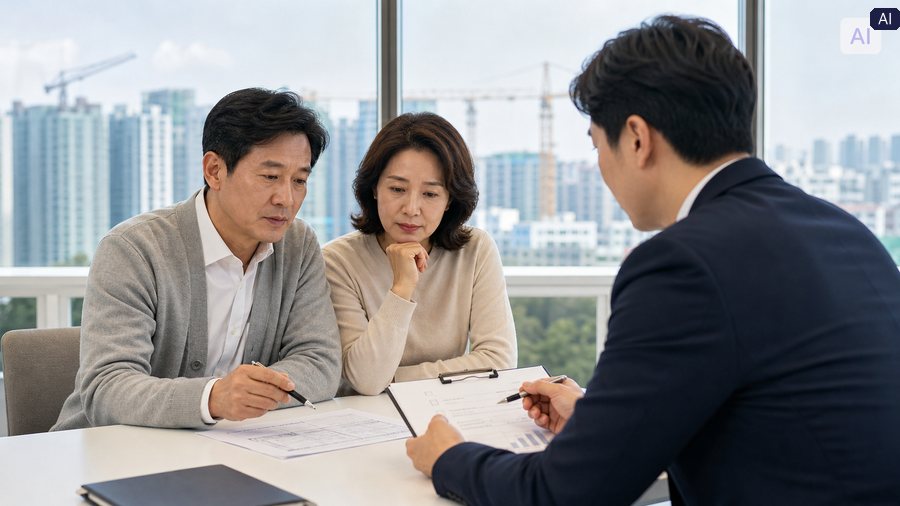 주담대 자본규제 강화 2027을 확인하며 중년 부부가 은행 상담에서 주택담보대출 서류와 위험관리 기준을 살펴보는 AI 제작 실사 사진
