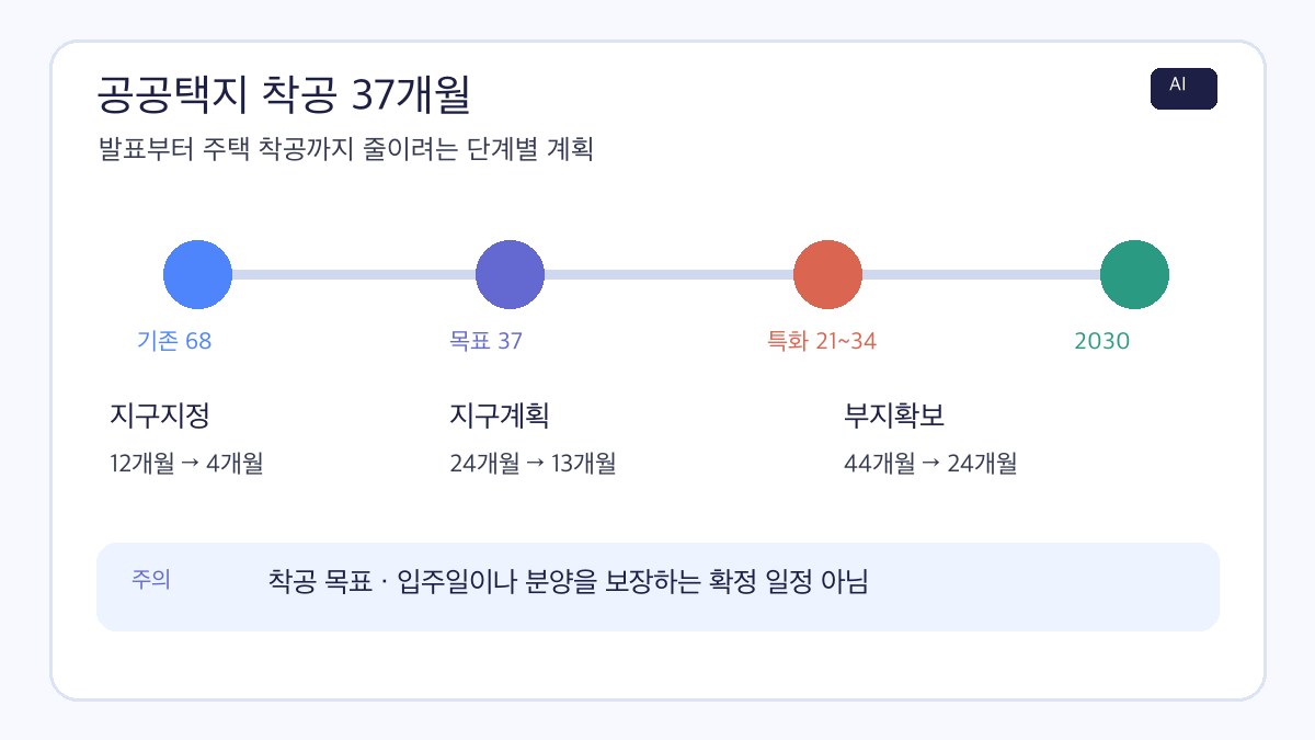 공공택지 착공 37개월의 기존 68개월, 지구지정·지구계획·부지확보 단계 단축안을 정리한 AI 제작 인포그래픽