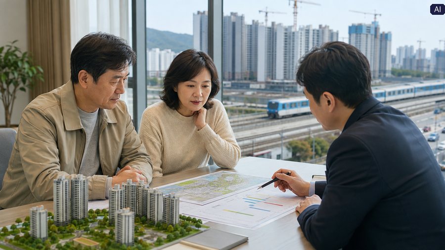 공공택지 착공 37개월 계획을 확인하며 중년 부부가 신도시 개발 지도와 아파트 공급 일정을 상담하는 AI 제작 실사 사진