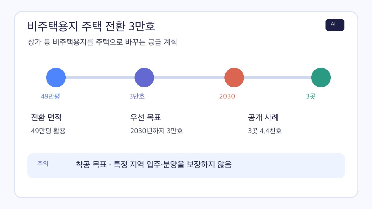 비주택용지 주택 전환 3만호의 49만평 활용, 2030년 목표와 우선 공개 사례를 정리한 AI 제작 인포그래픽