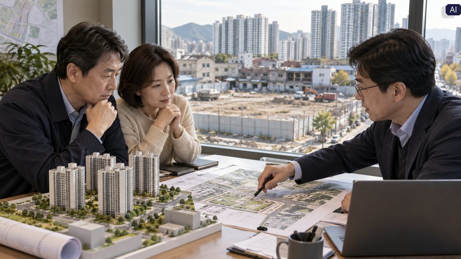 비주택용지 주택 전환 3만호 계획을 확인하며 중년 부부가 도시재생 부지와 아파트 공급 지도를 상담하는 AI 제작 실사 사진