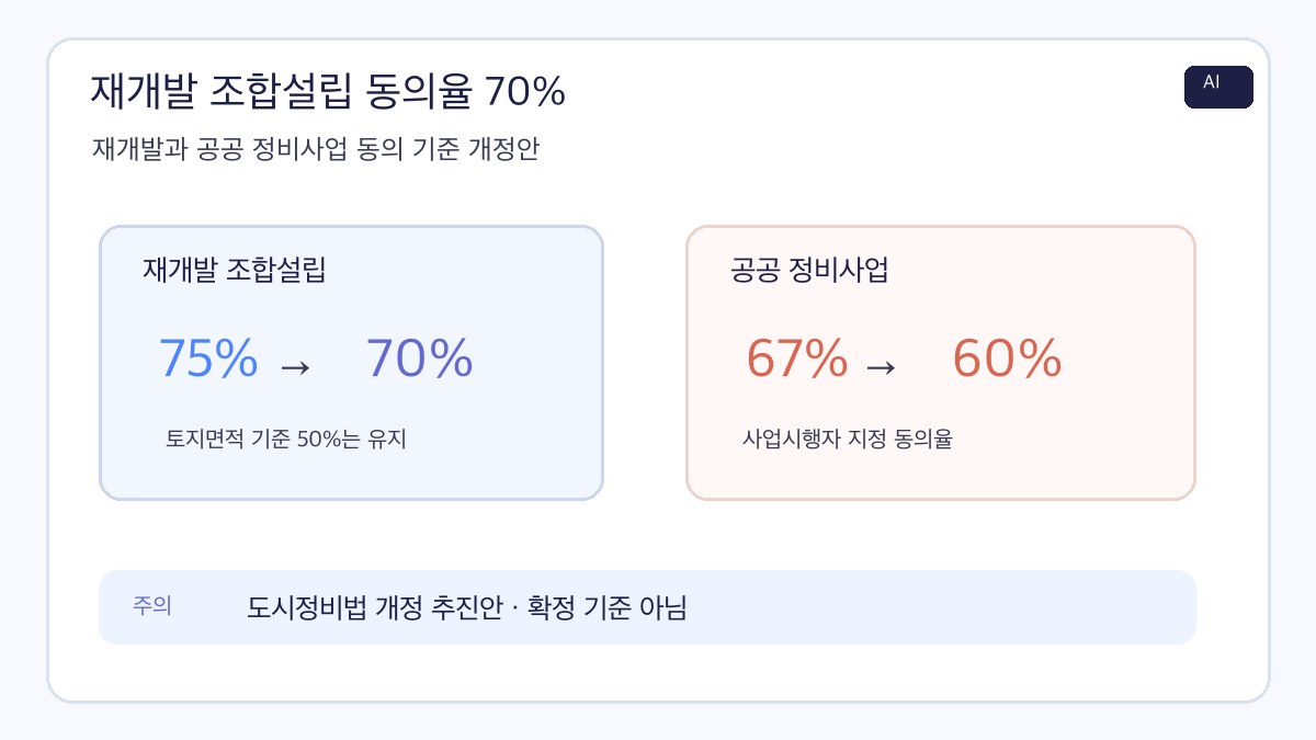 재개발 조합설립 동의율 70% 개정안과 공공 정비사업 동의율 60% 방향을 비교한 AI 제작 인포그래픽