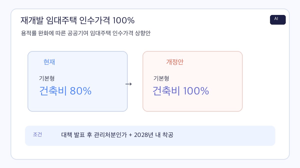 재개발 임대주택 인수가격 100%와 기본형건축비 80% 현행 기준, 2028년 내 착공 조건을 비교한 AI 제작 인포그래픽