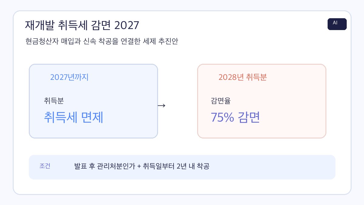 재개발 취득세 감면 2027의 취득분별 면제·75% 감면 방향과 관리처분인가·2년 내 착공 조건을 정리한 AI 제작 인포그래픽