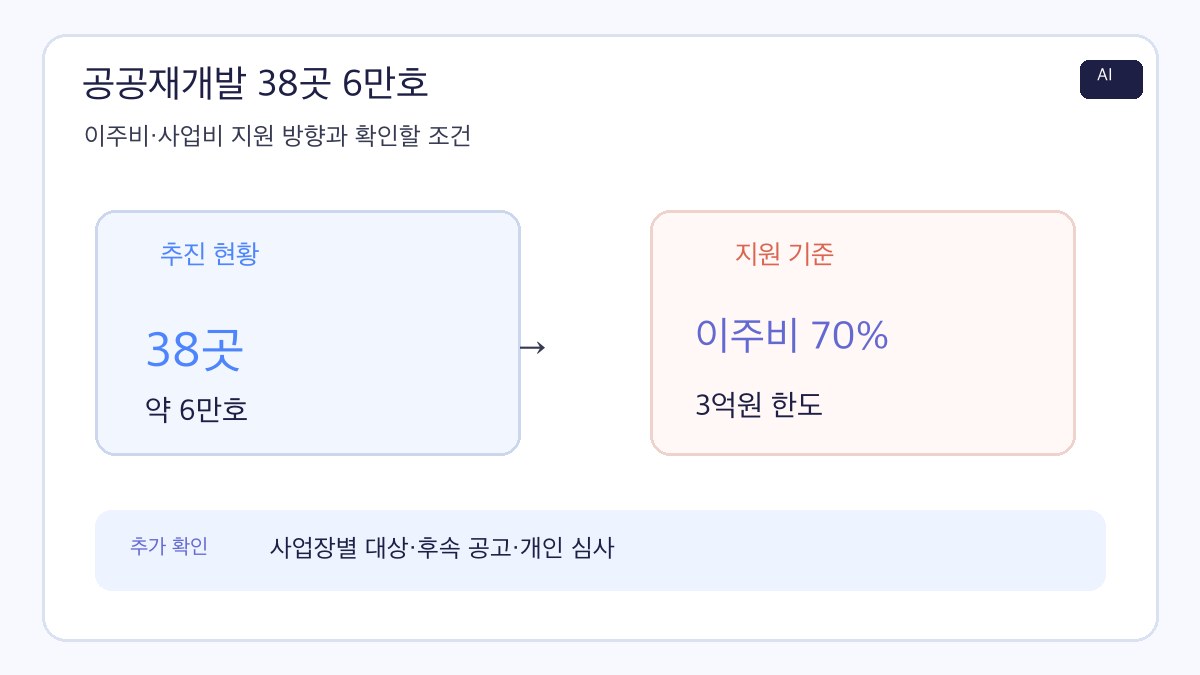 공공재개발 38곳 6만호 추진 현황과 이주비 70%, 3억원 한도 자료상 지원 기준을 정리한 AI 제작 인포그래픽