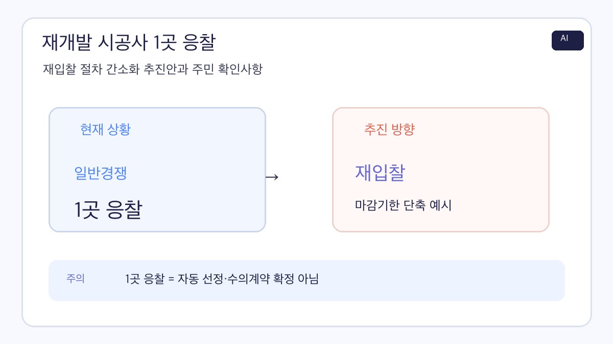 재개발 시공사 1곳 응찰 때 재입찰 공고와 입찰서 제출 마감기한 단축 예시를 정리한 AI 제작 인포그래픽